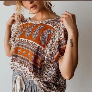 Free People Boho Floral Blouse - Orange and Cream